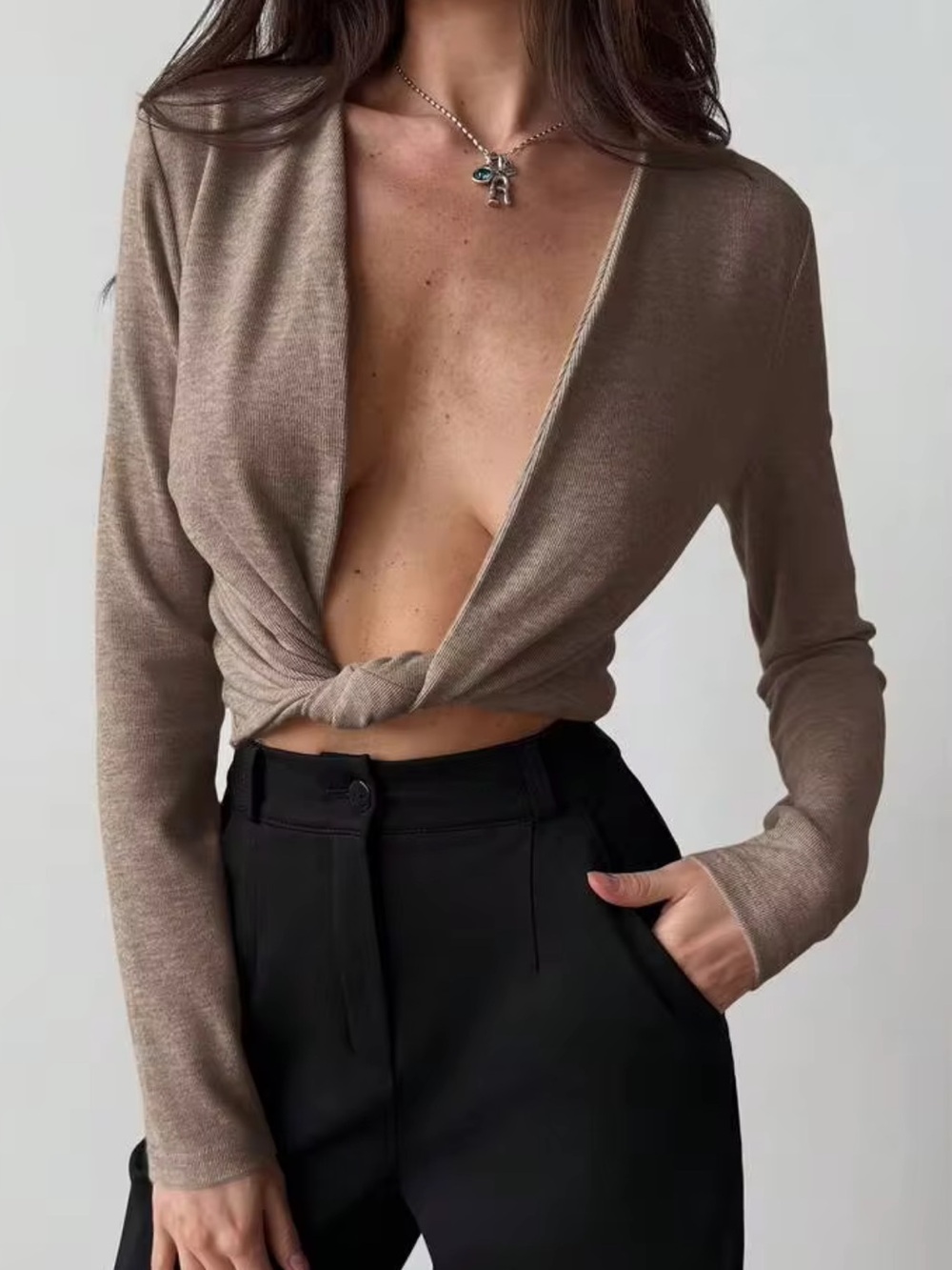 Twist-Front Long Sleeve Crop Top in Taupe